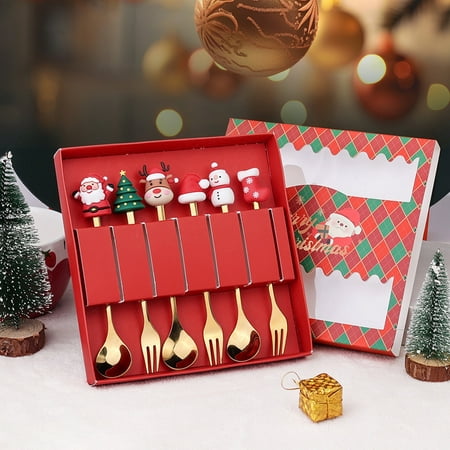

Uehgn 6Pcs/Set Christmas Fork Spoon Kit with Gift Box Food Grade Stainless Steel Xmas Charm Topper Long Handle Cutlery Utensils Festival Gift