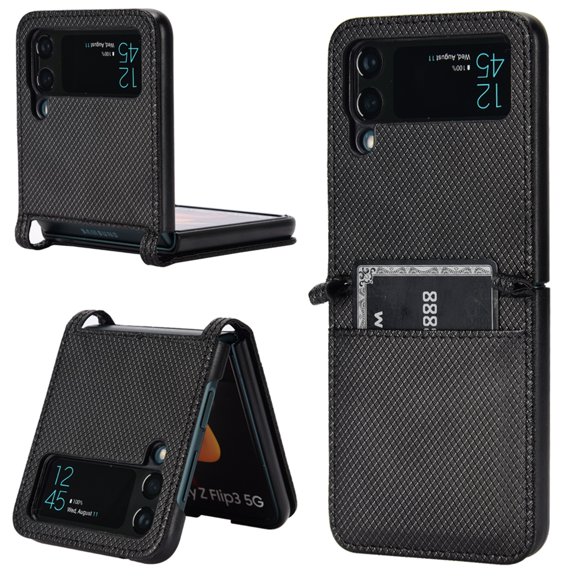 SaniMore for Samsung Galaxy Z Flip 4 6.7" PU Leather Case, Magnetic Wallet Ultra-Thin Cover with Wrist Strap & Card Slot Anti-Scratch All-Inclusive Protective Shell, Black