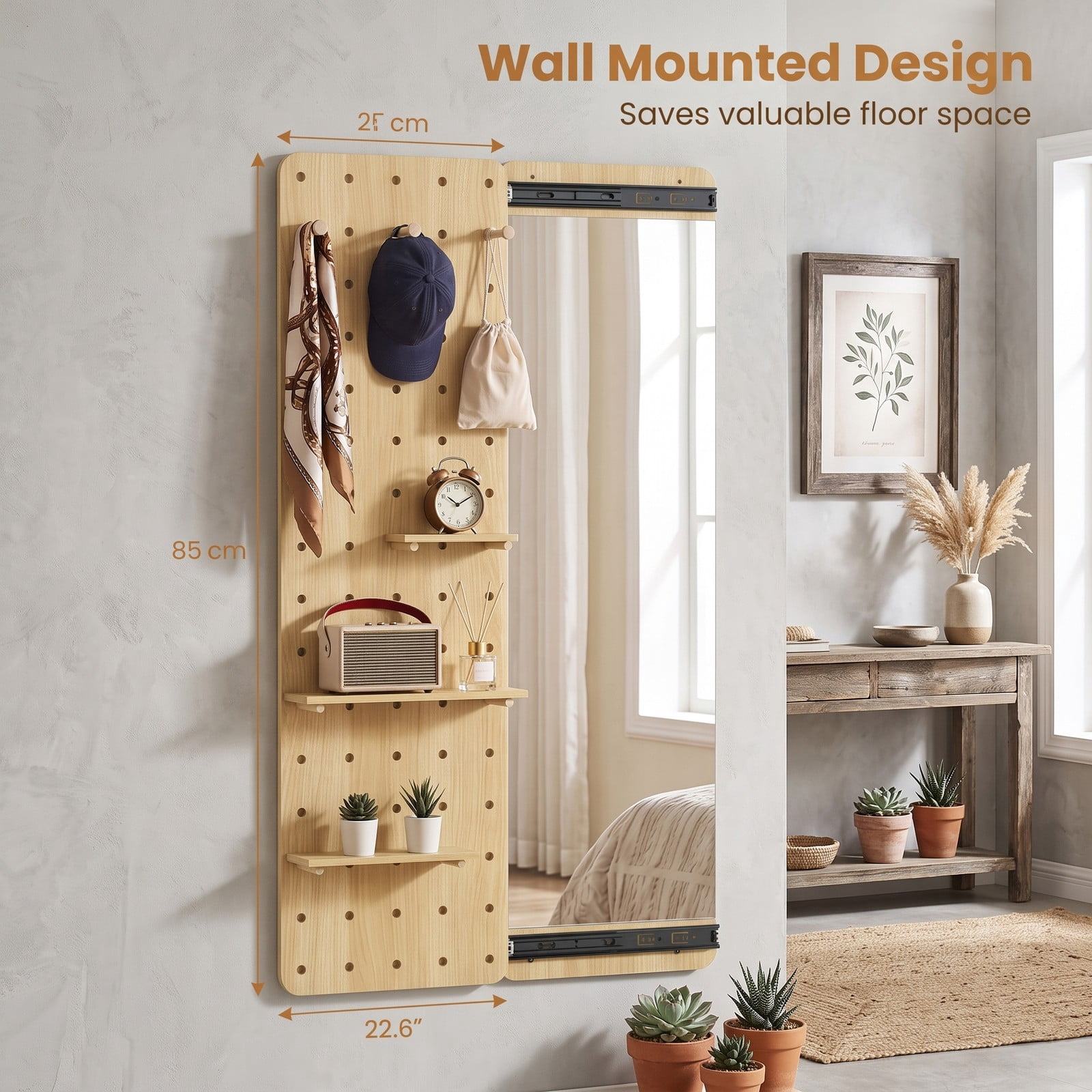 ALPULON Solid Wood Full Length Mirror with Sliding Pegboard, Shelves and 3 Hooks, Wall Mounted HD Floor Mirror for Entryway Bedroom Closet, Natural