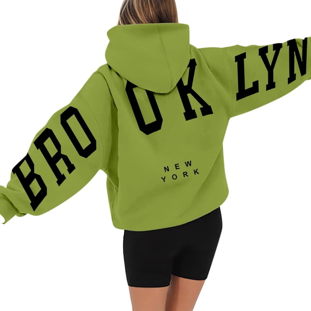 Women'S Long Sleeved Zipperless New York Printed Hoodie With Back, Green Xxl
