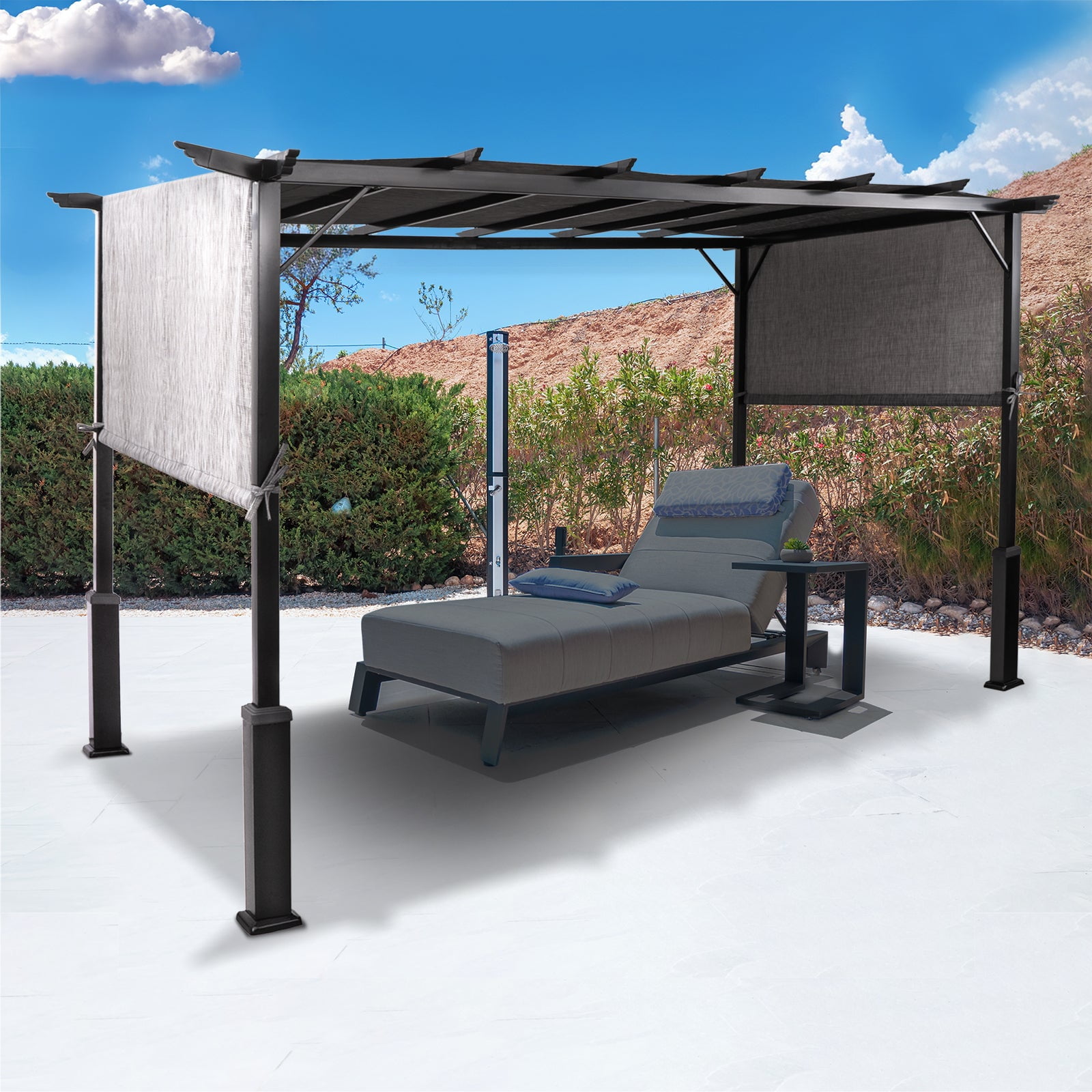 12 x 9 Metal Flat Top Pergola with Adjustable Grey Sling Top