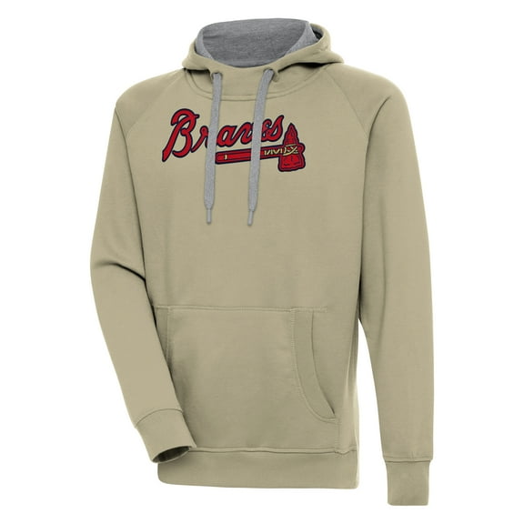 Men's Antigua Khaki Atlanta Braves Victory Pullover Hoodie