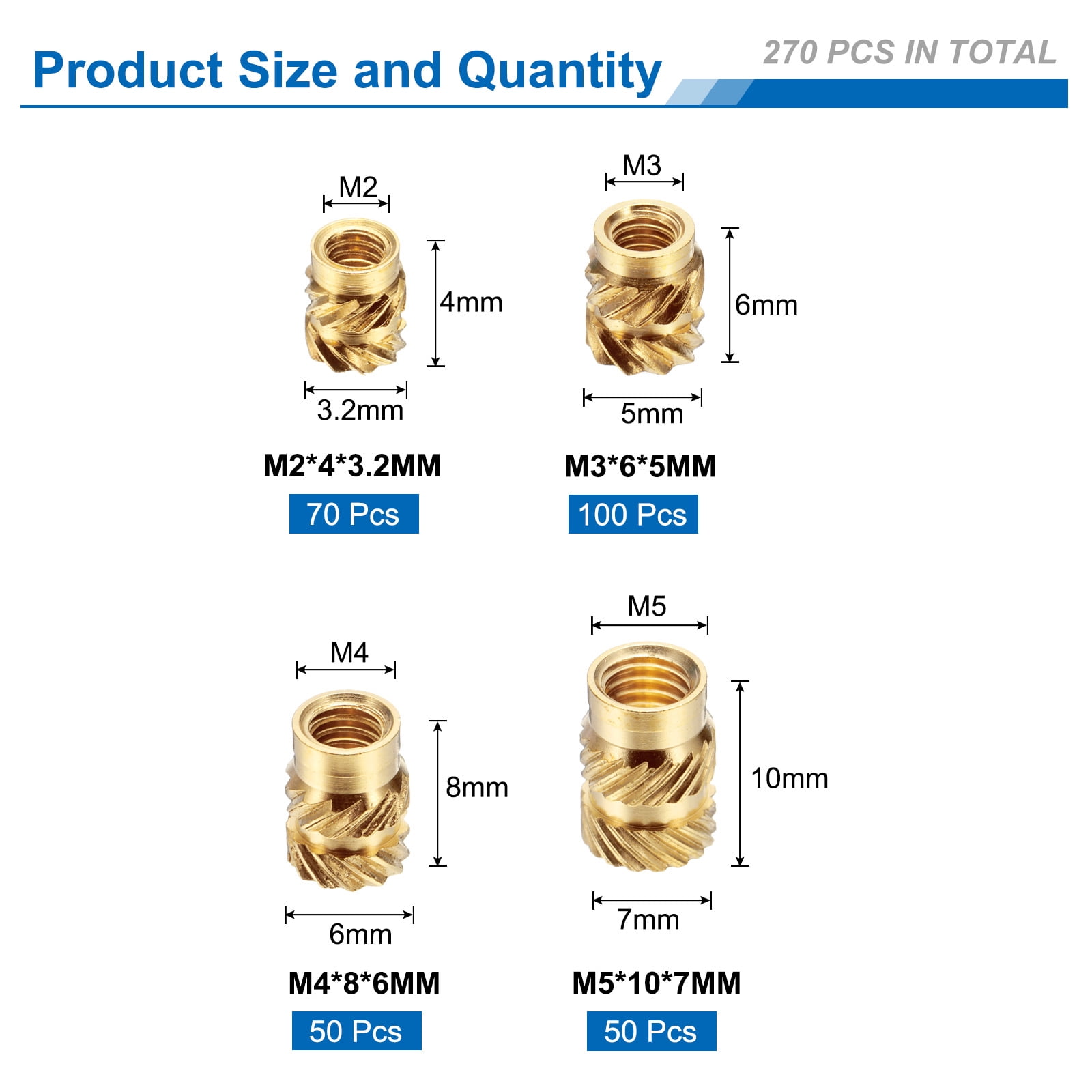 270Pack M2 M3 M4 M5 Metric Threaded Inserts Brass Heat Set Insert Knurled Nuts Assortment Kit, 3D Printing Brass Nuts Female Threaded Inserts Nuts