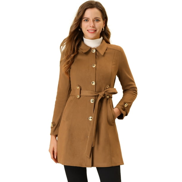 Abrigo de gamuza sintética Allegra K para mujer Gabardina con cinturón y  botones en la parte delantera de invierno marrón XL