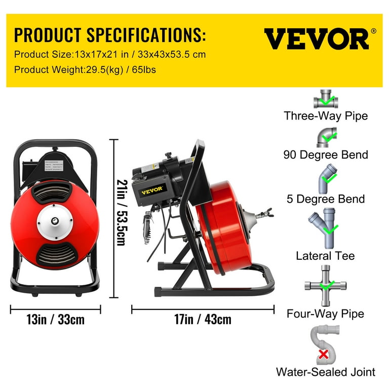 VEVOR 50FTx1/2Inch Drain Cleaner Machine Electric Drain Auger with 4 Cutter  & Foot Switch Drain Cleaner Machine Sewer Snake Drill Drain Auger Cleaner  for 2 to 4 Pipes