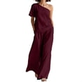 thumbnail image 3 of VBVC Women's One Shoulder 2 Piece Pants Sets , Elegant Vacation Loose Matching Outfits For Women , Ladies' Short Sleeve Suit Sets with Pockets,Wine,S-2XL, 3 of 6