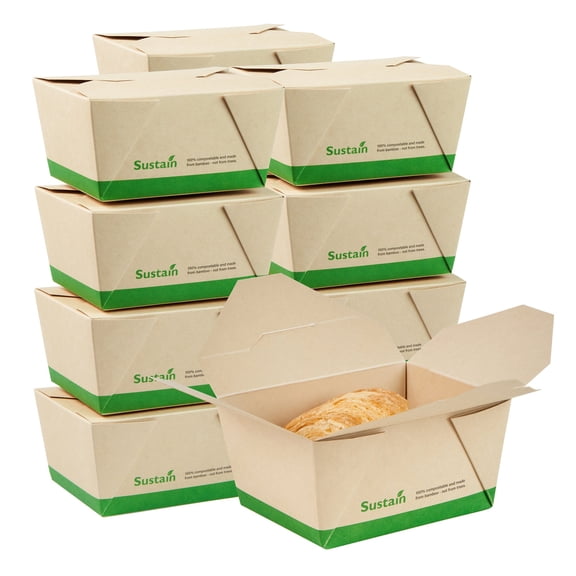 Sustain 98 oz Rectangle Bamboo Paper #4 Bio Box Take Out Container - with PLA Lining, Compostable - 8 1/2" x 6 1/4" x 3 1/2" - 200 count box
