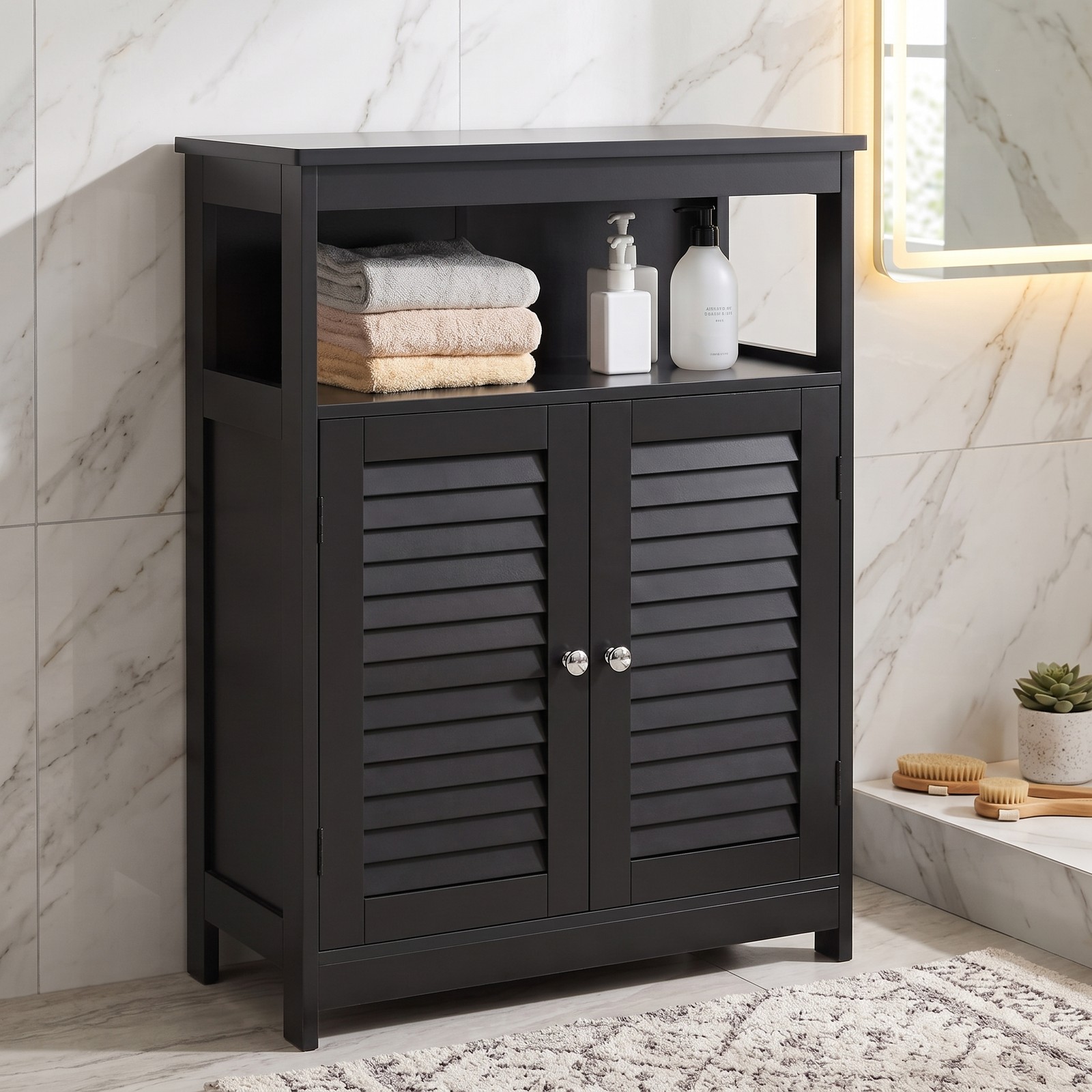 Fenbeli Wood Freestanding Bathroom Storage Cabinet, Double Shutter Doors with Adjustable Inner Shelf and Anti-Tipping Device, Floor Organizer Cabinet for, Black