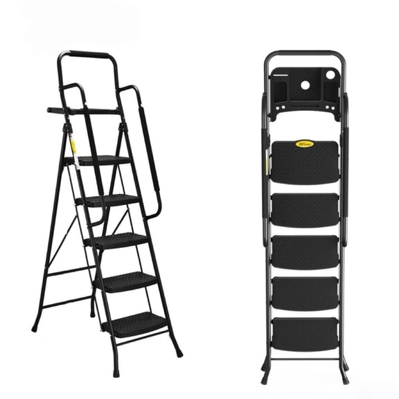 ASoopher 5 Step Ladder with Tool Tray and Handrails, Folding Stool with Wide Anti-Slip Pedal, Tool Platform, Sturdy Steel Ladder, Black