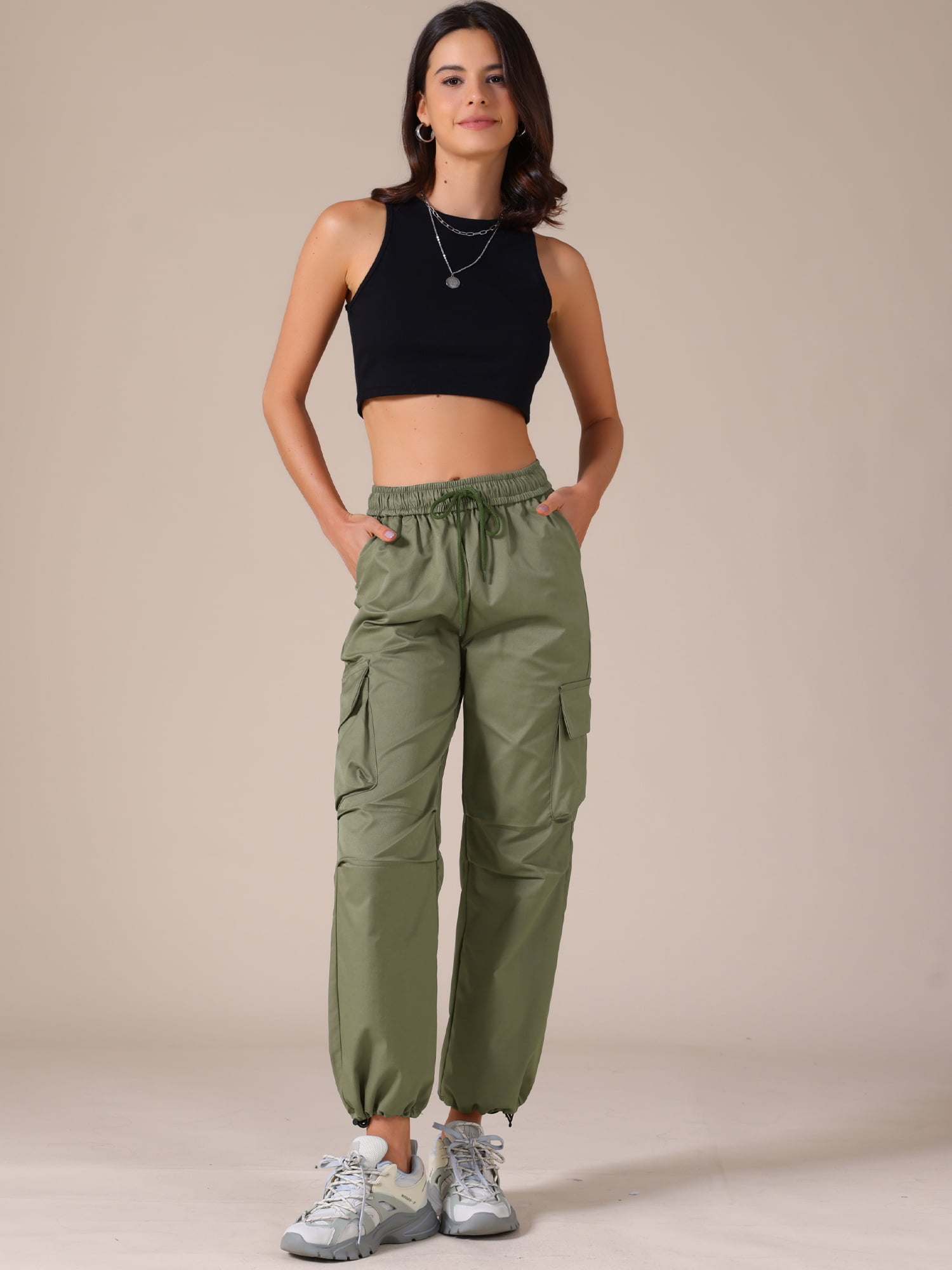 DARING DIVA Women's Cargo Joggers Streetwear Pockets Casual Pants Large Army Green