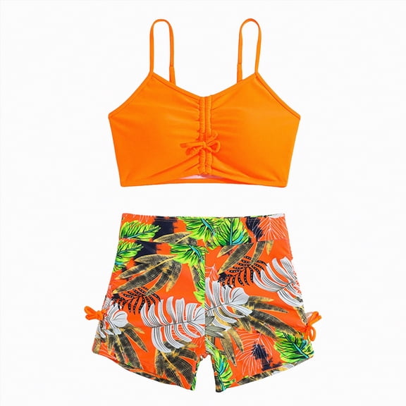 Hessimy Girls Two Piece Bikini Swimsuits Hawaiian Floral Bathing Suit for Kids Summer Beach Swimwear Set(Orange,9-10 Years)