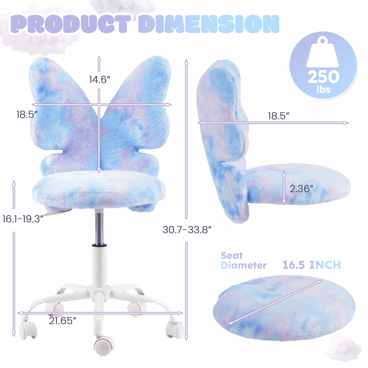 Kids Desk Chair with Butterfly Back, Adorable Fluffy Wheeled Desk Chair for Girls, Faux Fur Adjustable Height Swivel Vanity Chair for Kids Bedrooms and Reading Rooms,Colorful Blue