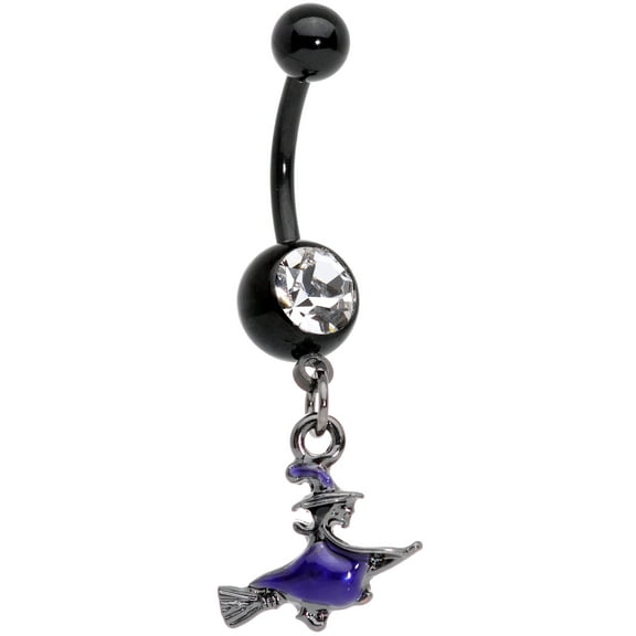 Body Candy Womens Black PVD Steel Navel Ring Piercing Clear Accent Broom Witch Dangle Belly Button Ring
