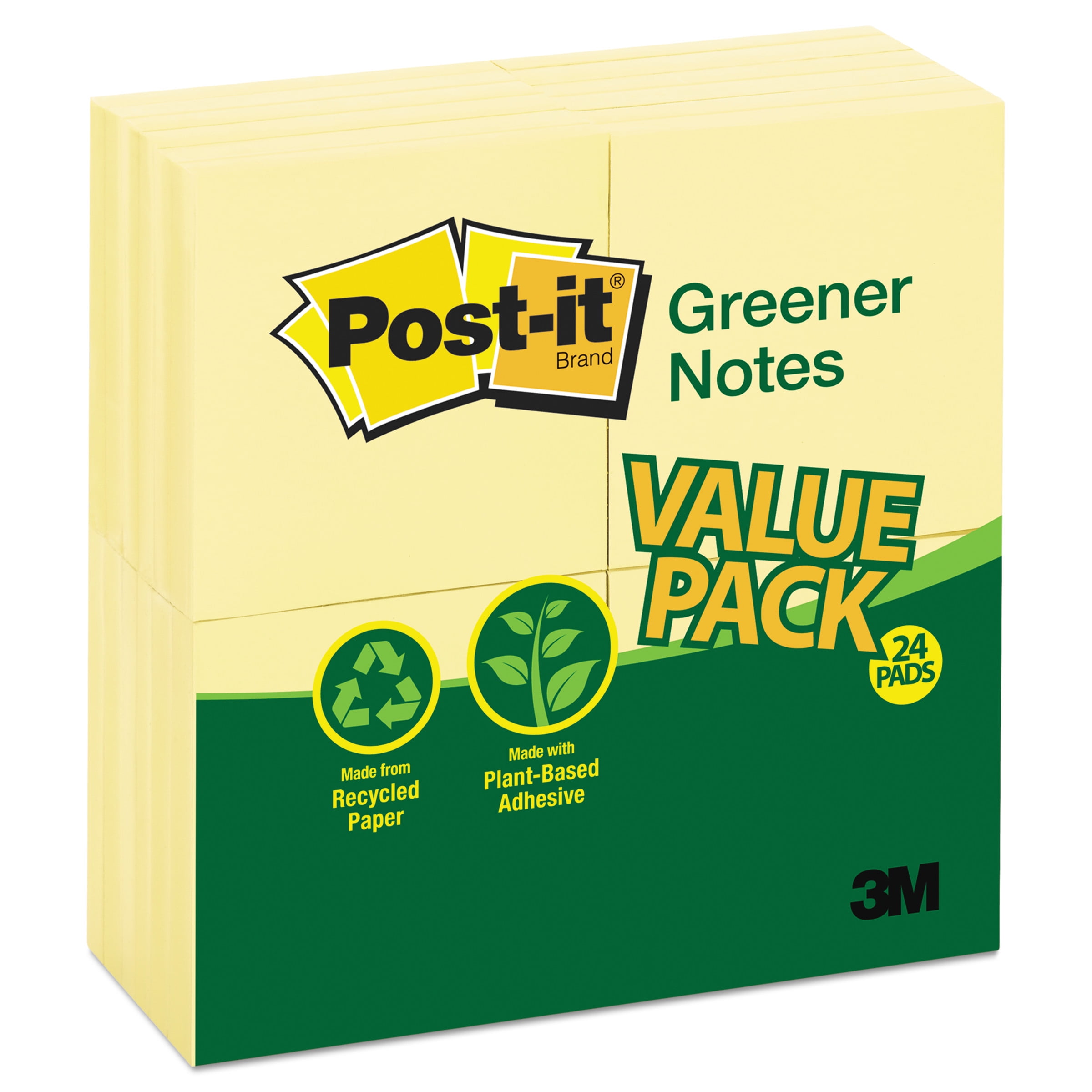 Postit Greener Notes Recycled Note Pads, 3 x 3, Canary Yellow, 100