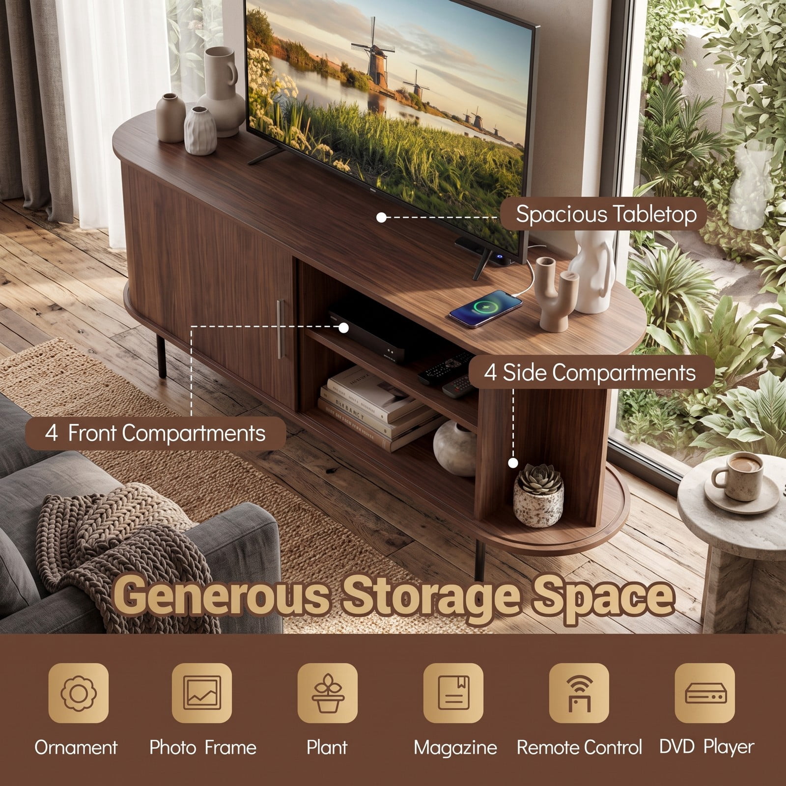 Furnibear Fluted TV Stand for TVs up to 60 Inch, Mid Century Modern Curved Entertainment Center with Open Storage Shelves, Wood Media Console Table for Living, Walnut