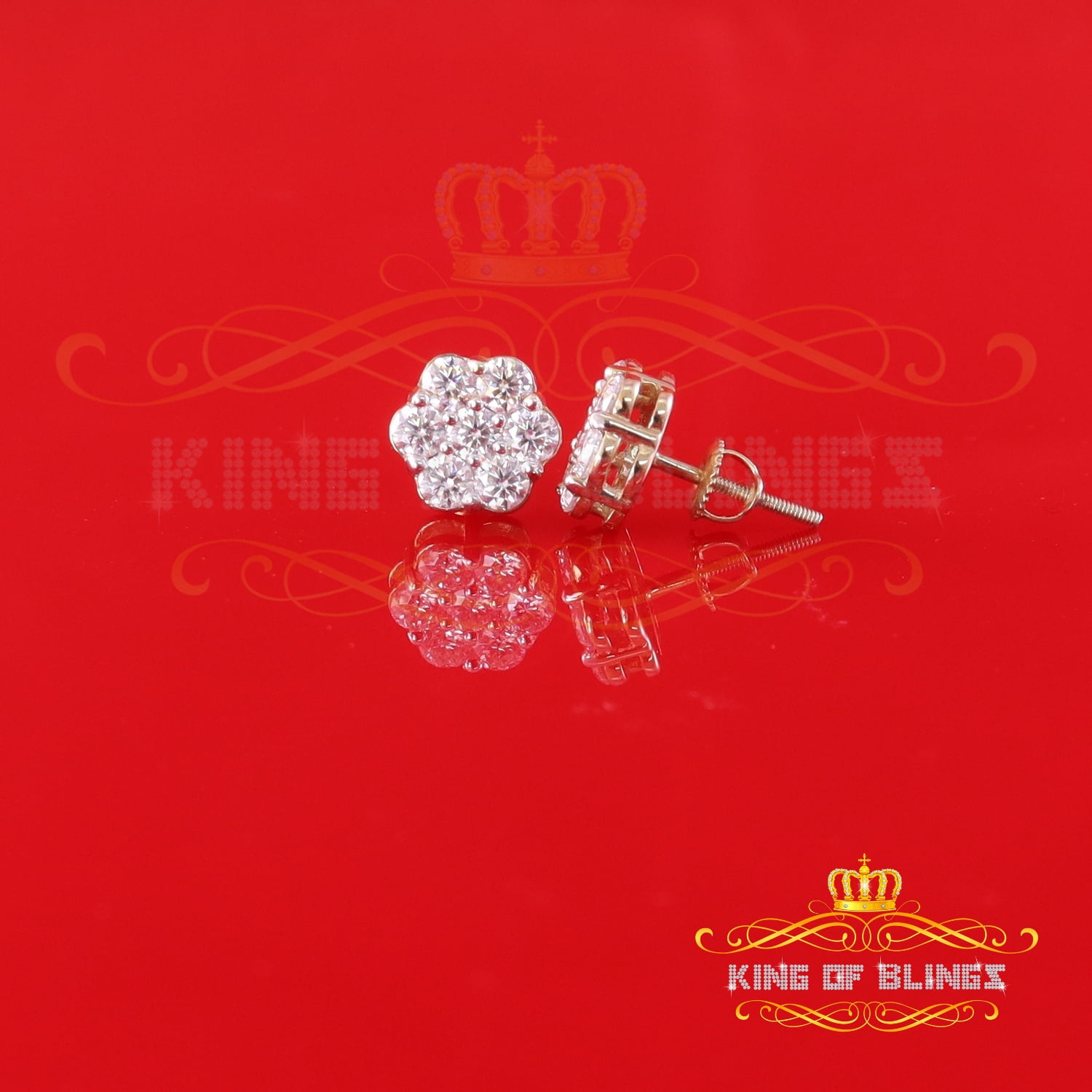 King of Bling's Men's/Womens 925 Silver Yellow 1.66ct VVS 'D' Moissanite Floral Stud Earrings