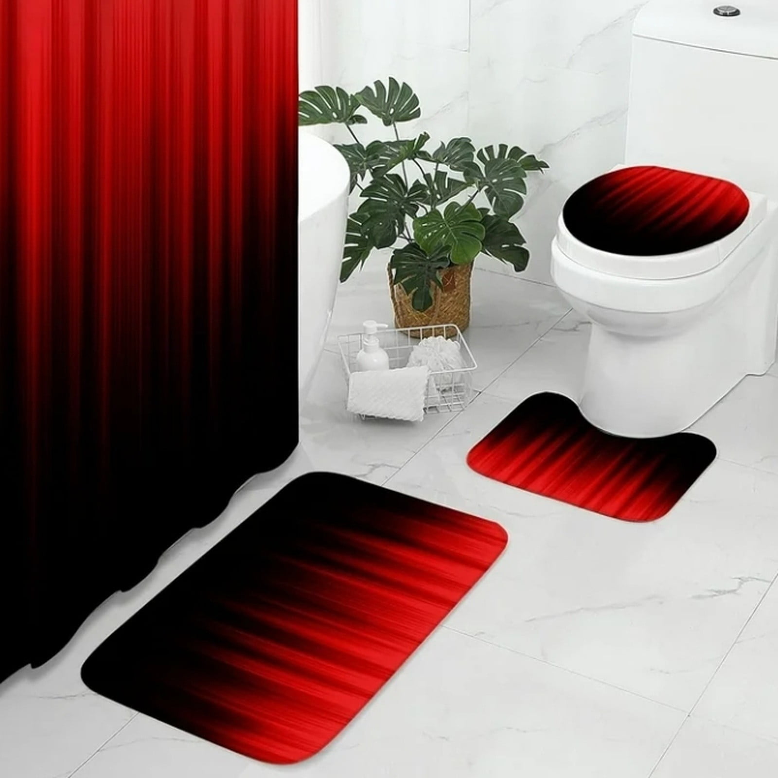 Bathroom Sets Cozival Gradient Ombre Bathroom Set Includes Shower Curtain And Bath Mat, Non-Slip Fuzzy Rug, And Modern Waterproof Liner for Tub, Ensemble for Home Decor And Practical Use, Red
