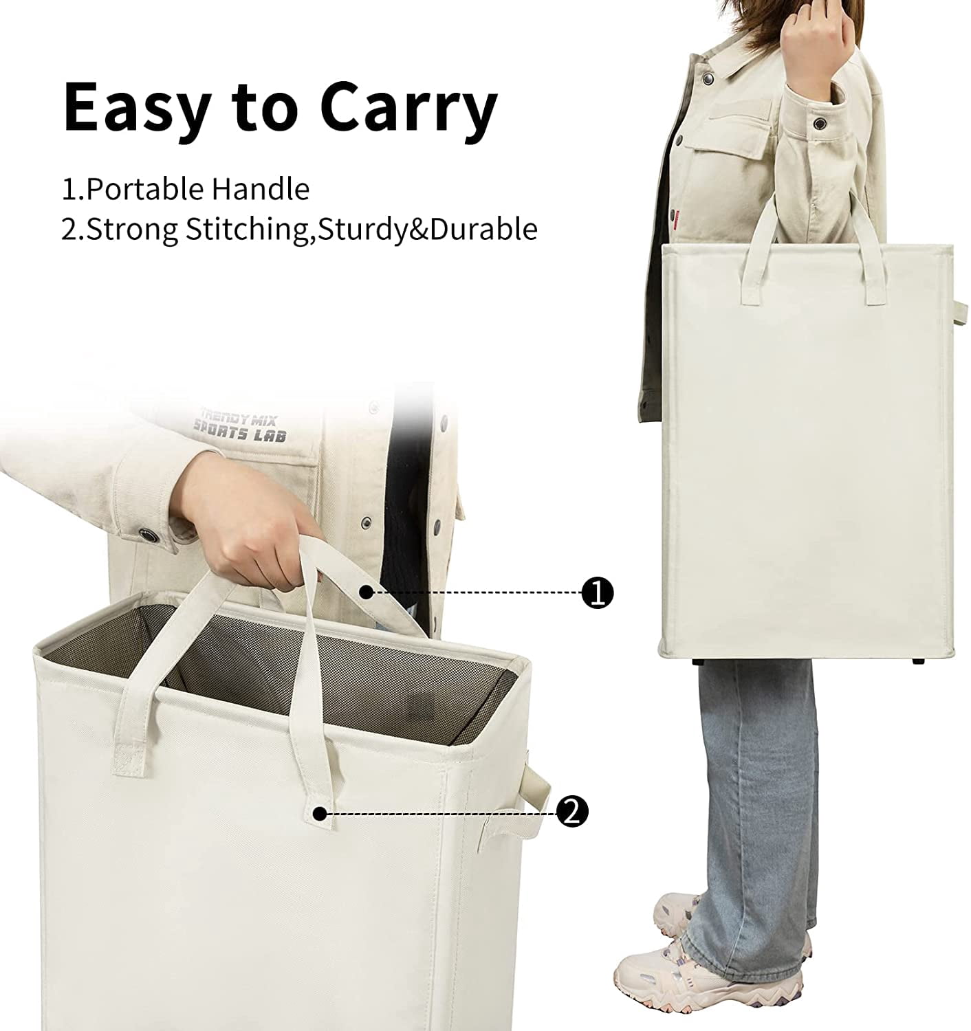 ZERO JET LAG Slim Laundry Hamper Handles Collapsible Laundry Basket Thin Dirty Clothes Basket Narrow Laundry Bag Foldable Dirty Hamper 45L (21 inches,Beige)