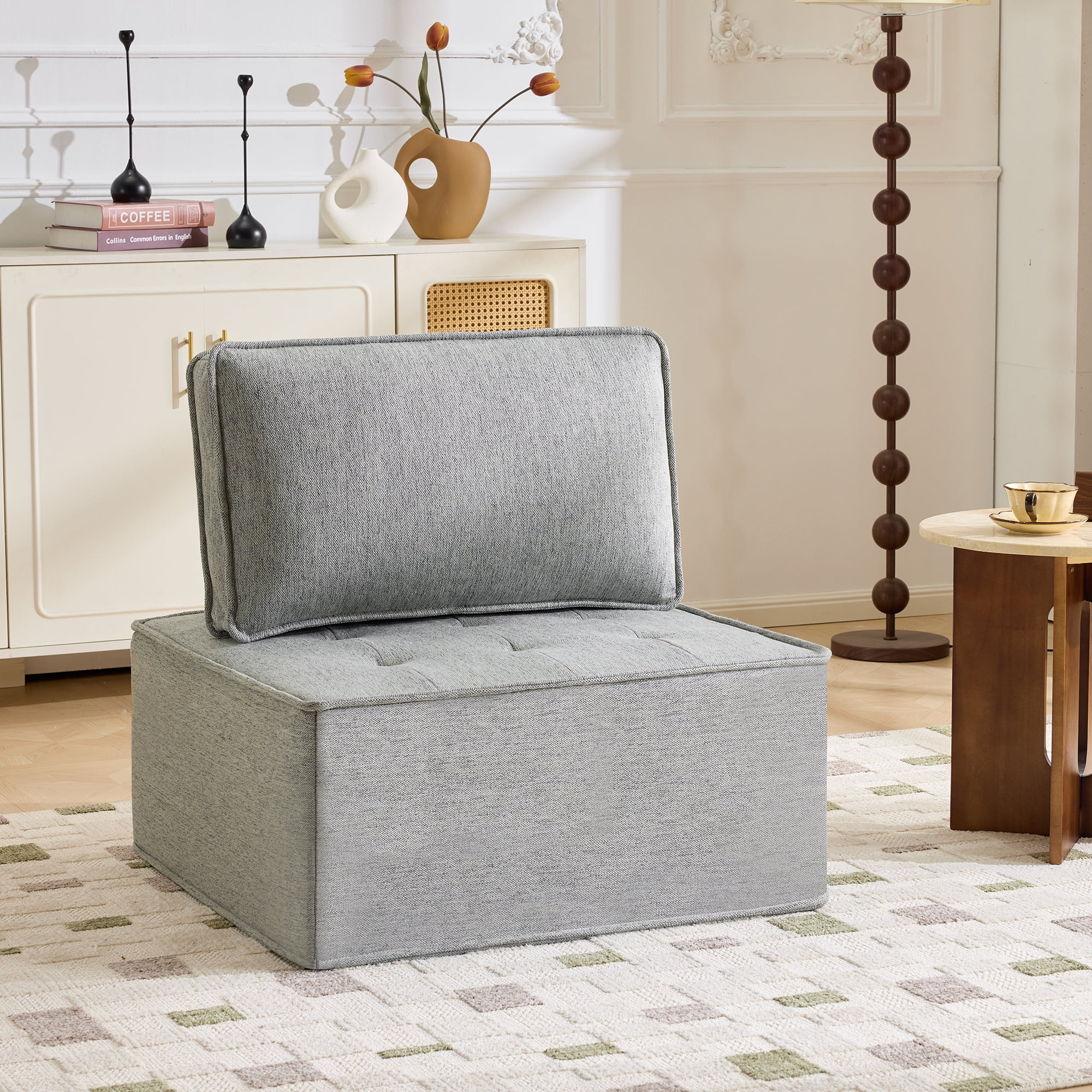 Modular Sofa, Light Grey Linen Wooden Frame Square Seat for Free Splicing, 32-Inch Solid Build with Good Resilience for Small Apartment Living Room and Multiple Decoration Styles