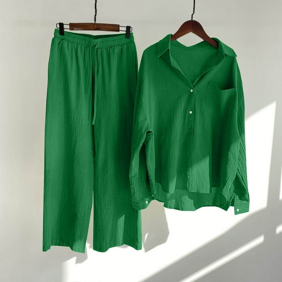 Roncen Women's Solid Two-Piece Set - Single-Breasted Long Sleeve Shirt with Collar & Loose Fit Casual Trousers, Comfortable and Stylish Outfit