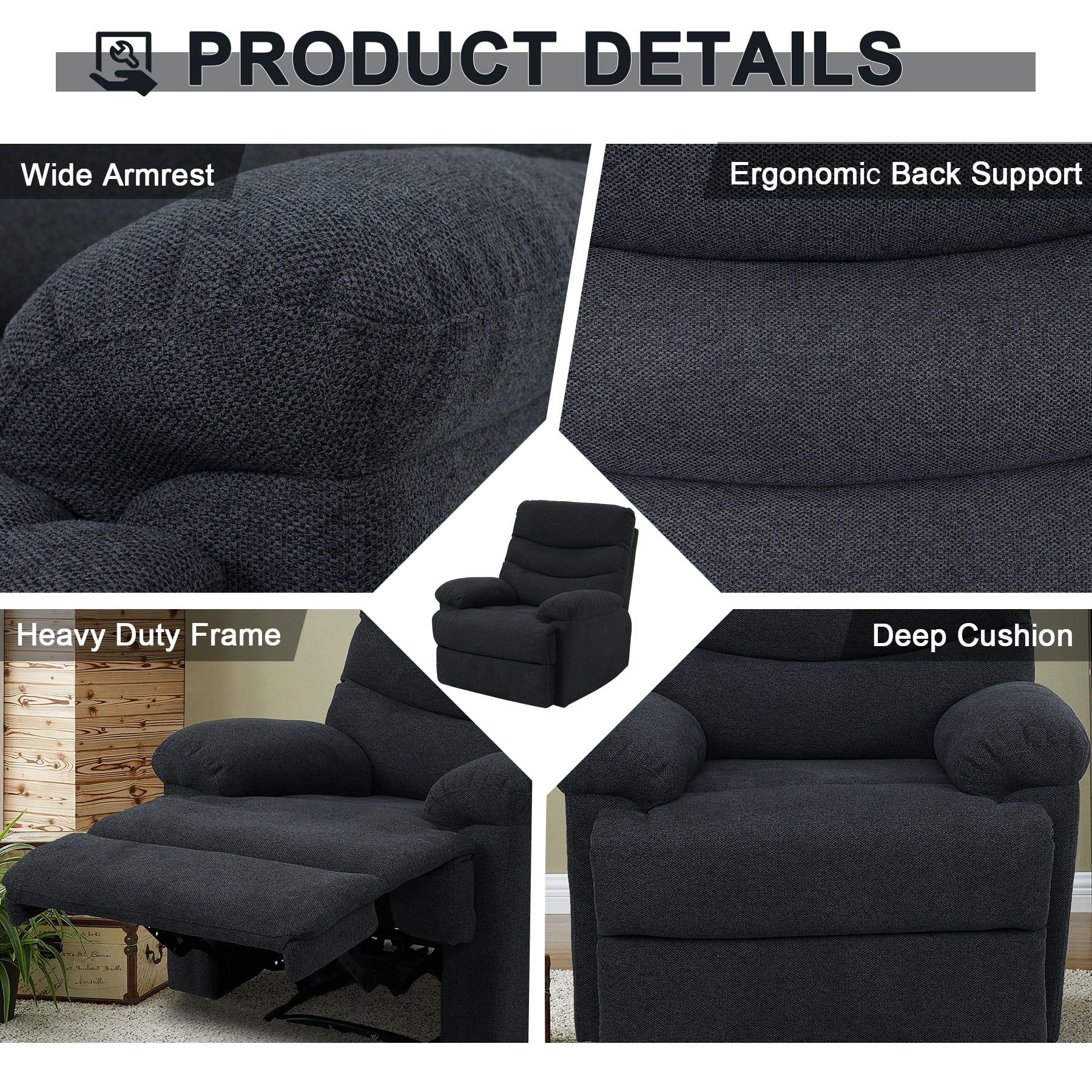 Nathaniel Home Recliner Chair, Upholstered Fabric Chair, Single Manual Reclining Sofa, Home Theater Seating, Footrest for Bedroom Elderly Lounge, Blue Grey