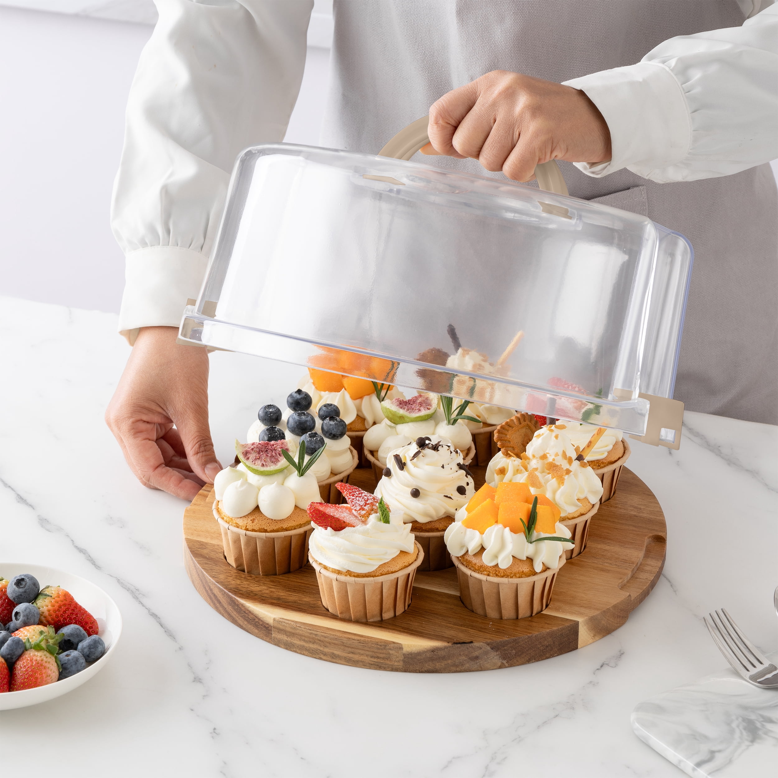 Cook with Color Acacia Wood Cake and Cupcake Carrier with Reversible Tray and Locking Lid, Round, Ideal Use for Entertaining and Party Transportation
