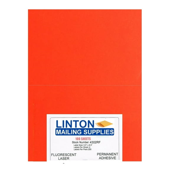 Blank Laser Labels, Fluorescent Red, 5.5" x 8.5", 2 Labels Per Sheet (8.5" x 11"), Peel and Stick, Perm Adhesive - 100 Sheets (200 Labels) Per Pack