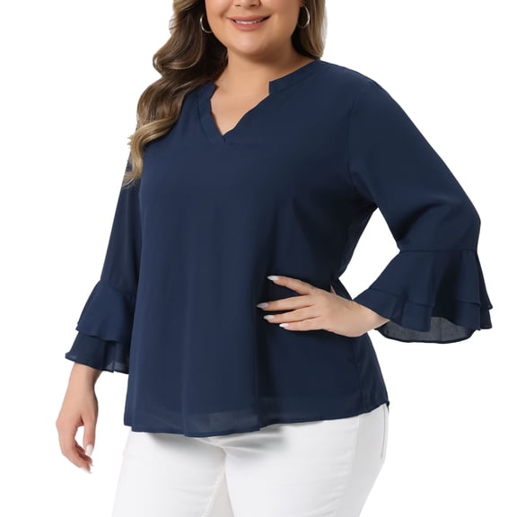 DARING DIVA Women's Plus 3/4 Bell Sleeve Notch Chiffon Tunic Shirts 1X Navy Blue