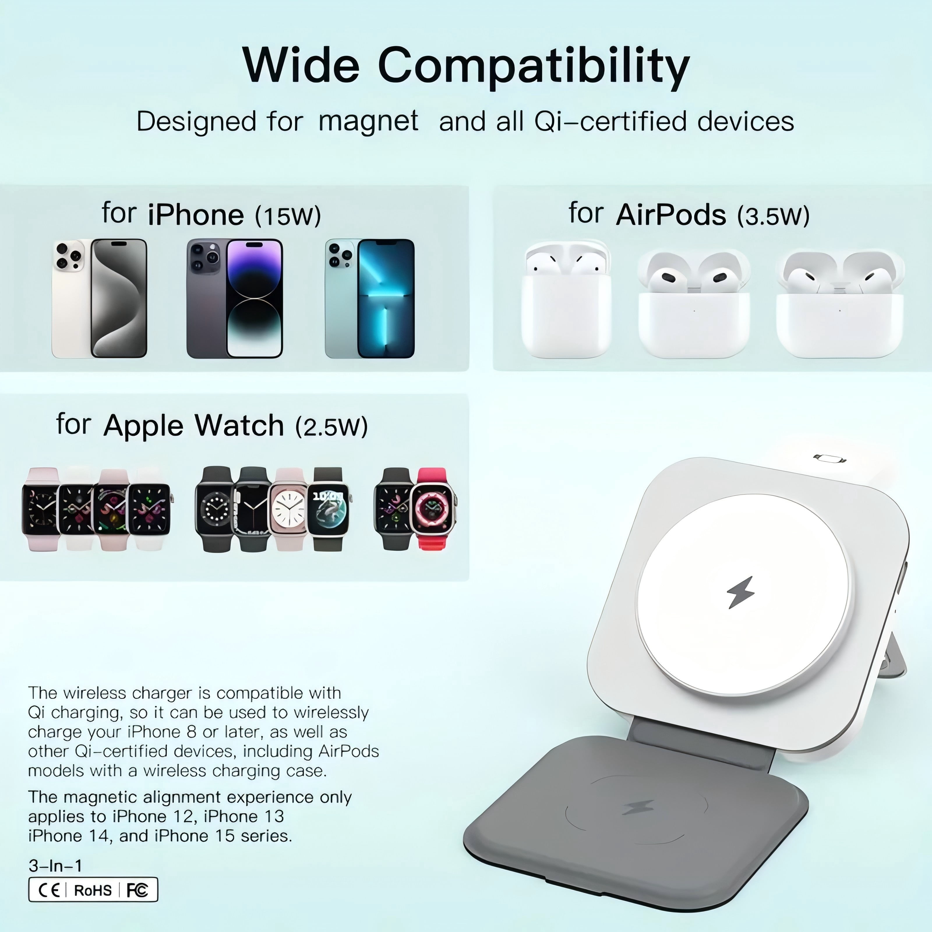 3-in-1 Foldable Charger for Apple Devices, Compatible with iPhone 17, 12, Watch Series 1, 9, and AirPods