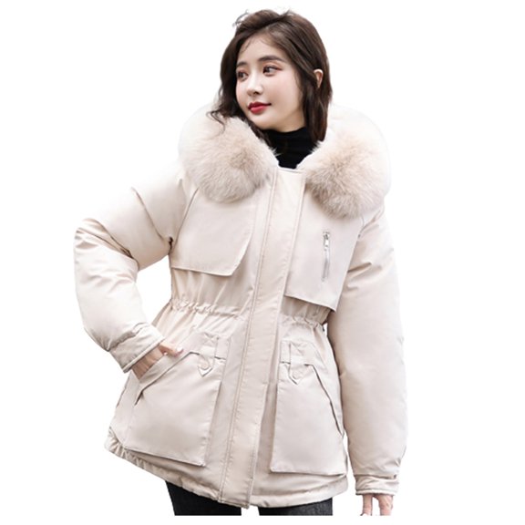 Viikei Women Coats Clearance Womens Winter Jacket Warm Overcoat Slim Fur-Collar Zipper Thicker Coat Outwear
