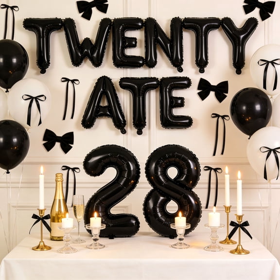 28th Birthday Party Decorations Kit - Twenty Ate Theme Black White Balloons & Bow Decorations