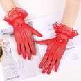 thumbnail image 6 of NUZYZ 1 Pair Women Prom Gloves See-through Lace Bow Faux Pearl Decor Hollow Out Fishnet Ruffle Edge Thin Full Finger Performances Bride Wedding Gloves,Red, 6 of 7