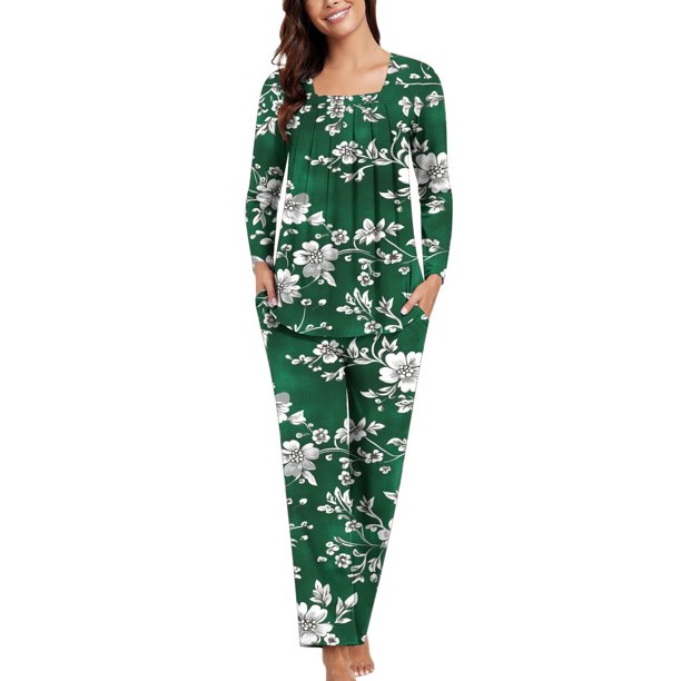 Puntoco Conjunto de pijama cómodo para mujer, conjunto de pijama informal de manga larga con estampado de moda para mujer y pantalones con bolsillos