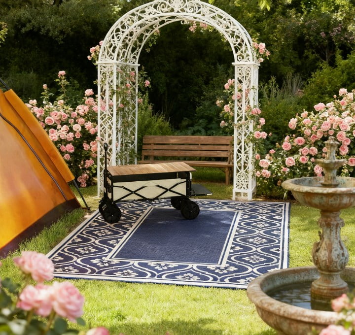 8' x 10' Blue & White Gourd Border Reversible Outdoor Patio Rug, Waterproof Plastic Straw RV Camping Mat with Carry Bag, Foldable Fade Resistant Rug