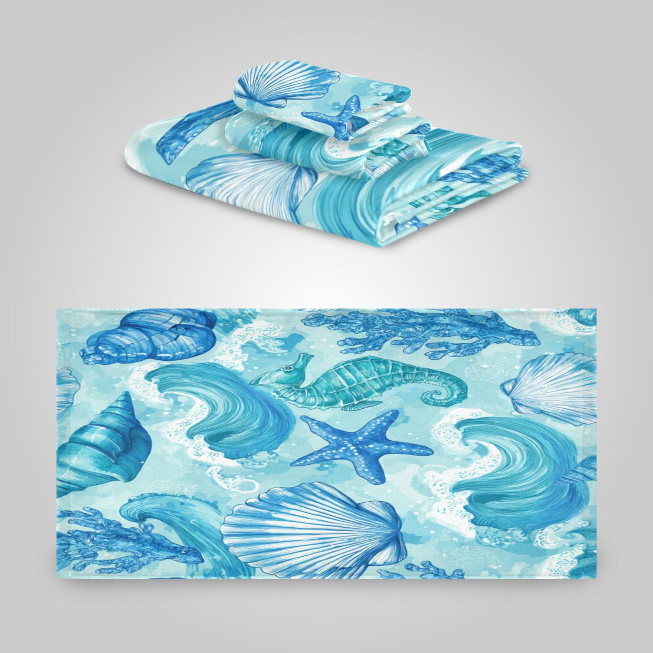 3 Pack Towel Set - Bath Towel, Hand Towel & Washcloth for Daily Household Use Nautical Blue Sea Life Art