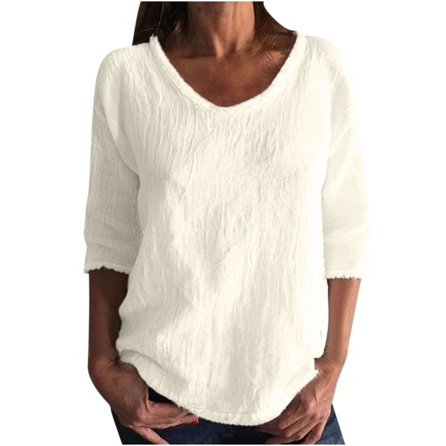 Blouse Femme Printemps Été 2025 Décontractée Couleur Unie Col Rond Manches Mi-Longues Coton Lin pour Tenues de Rue et Quotidiennes