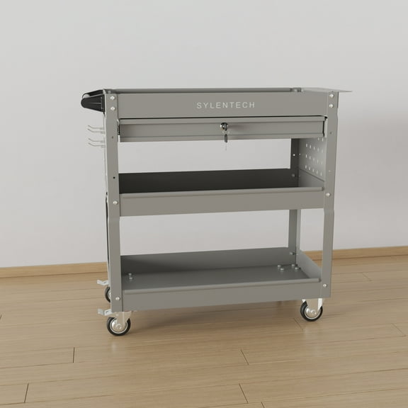 Sylentech 3-Tier Utility Cart on Wheels, Rolling Tool Cart with Handle & Lockable Wheels, Metal Storage Cart for Garage, Warehouse and Repair Shop(Gray)