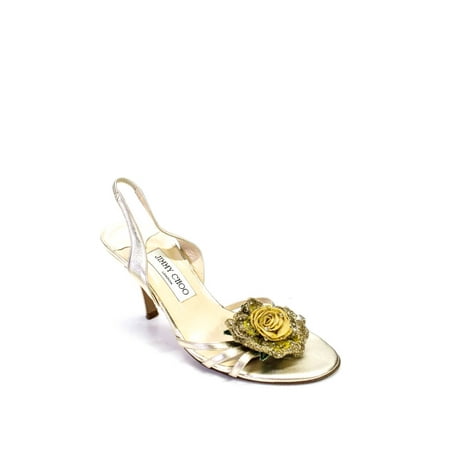 Pre-owned|Jimmy Choo Womens Leather Floral Applique Slingbacks Metallic Gold Size 38 8