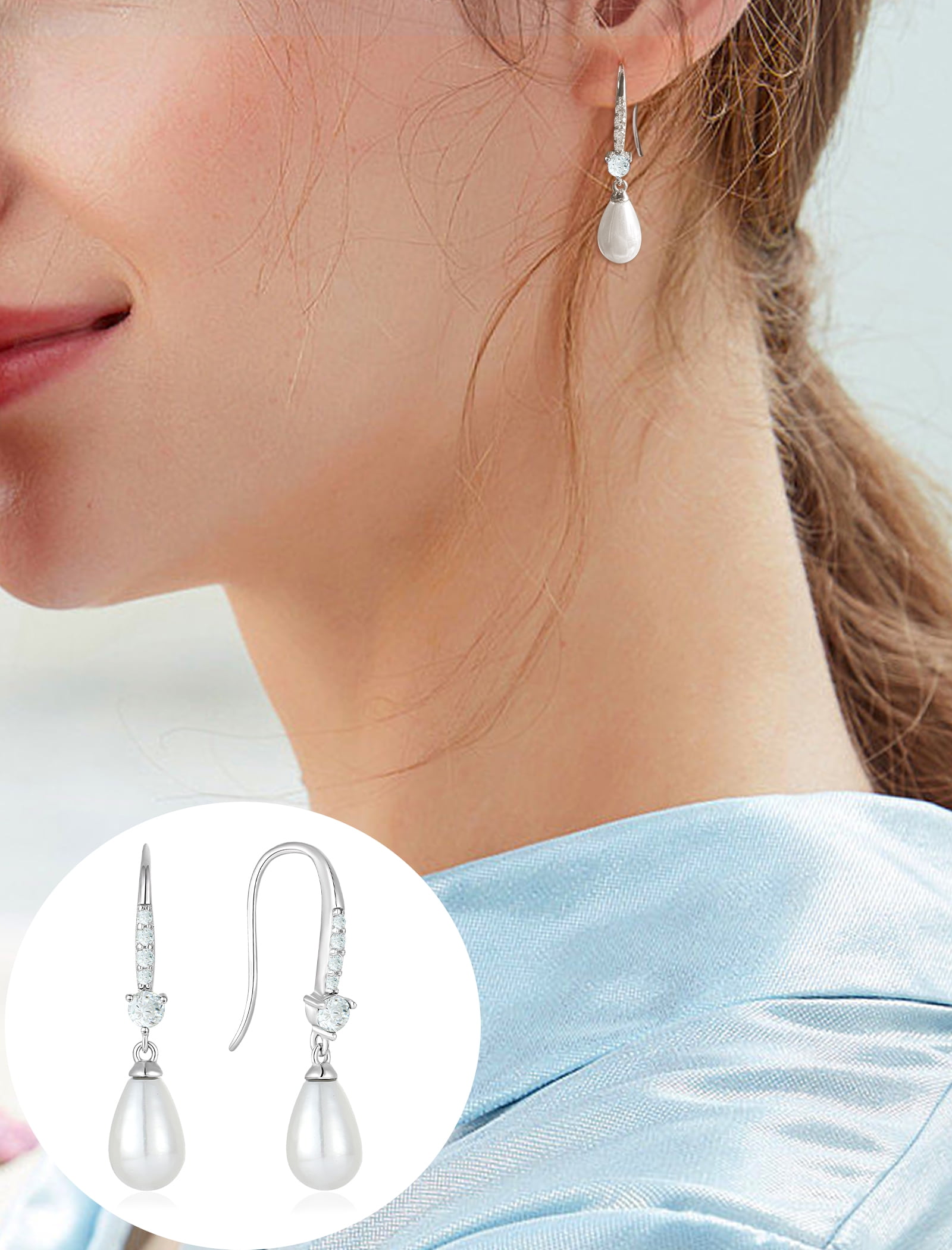 VESITIM Pearl Dangle Drop Earrings 925 Sterling Silver Shell Pearls Hook Earring for Women April Cubic Zirconia Birthstone Jewelry Gift