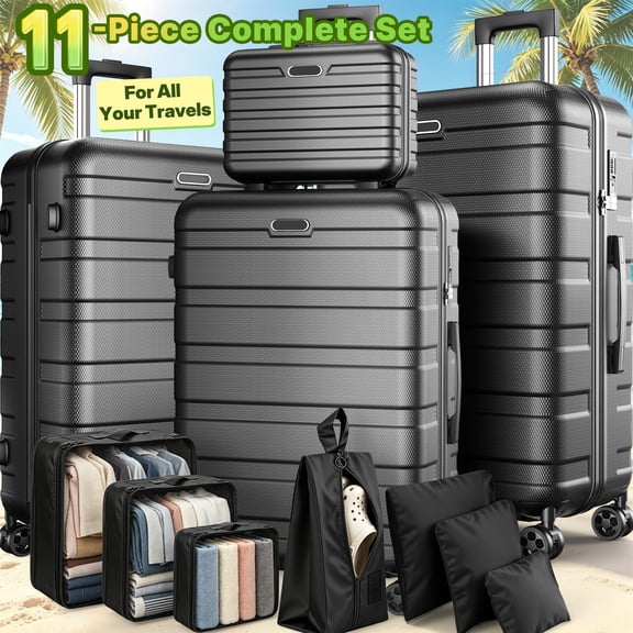 11-Piece Hardshell Luggage Set, 28/24/20 Spinner Suitcase, Carry-on, Toiletry Bag & Packing Cubes, Durable Travel Set with 360° Wheels & Lock