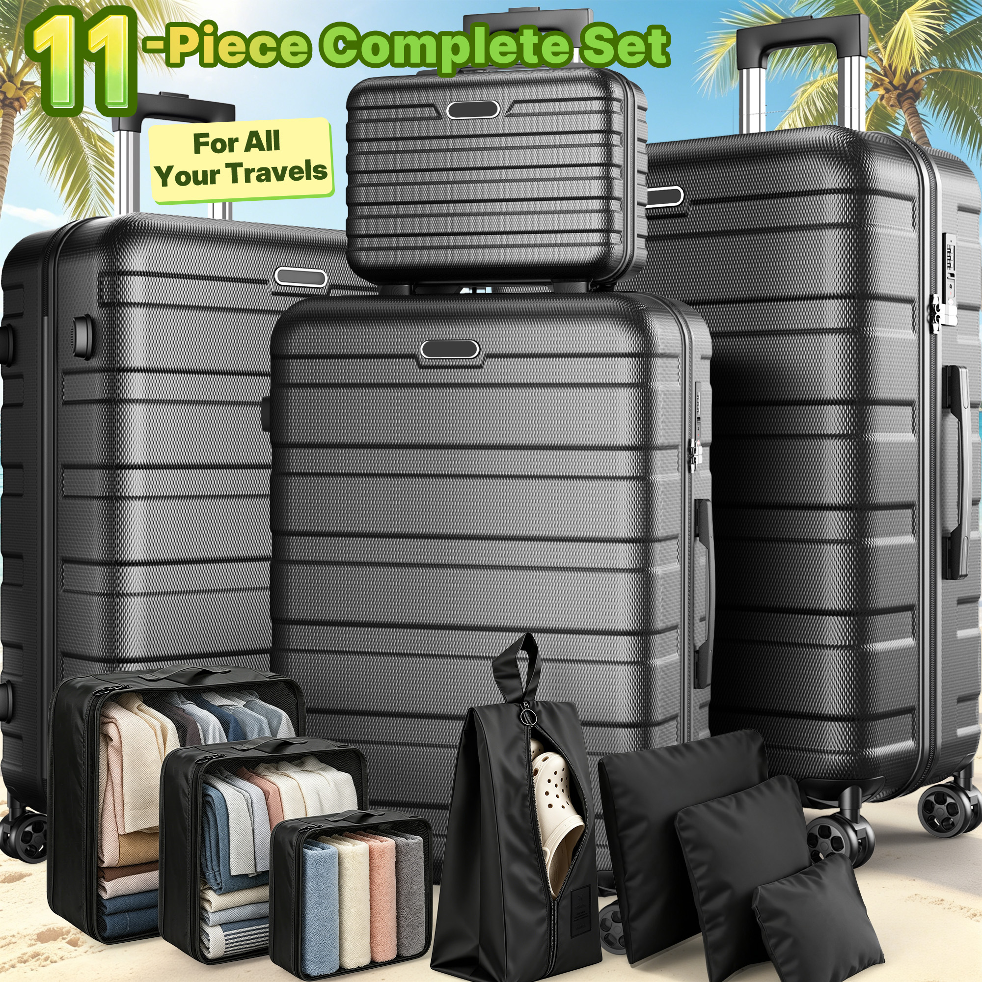 11-Piece Hardshell Luggage Set, 28/24/20 Spinner Suitcase, Carry-on, Toiletry Bag & Packing Cubes, Durable Travel Set with 360° Wheels & Lock