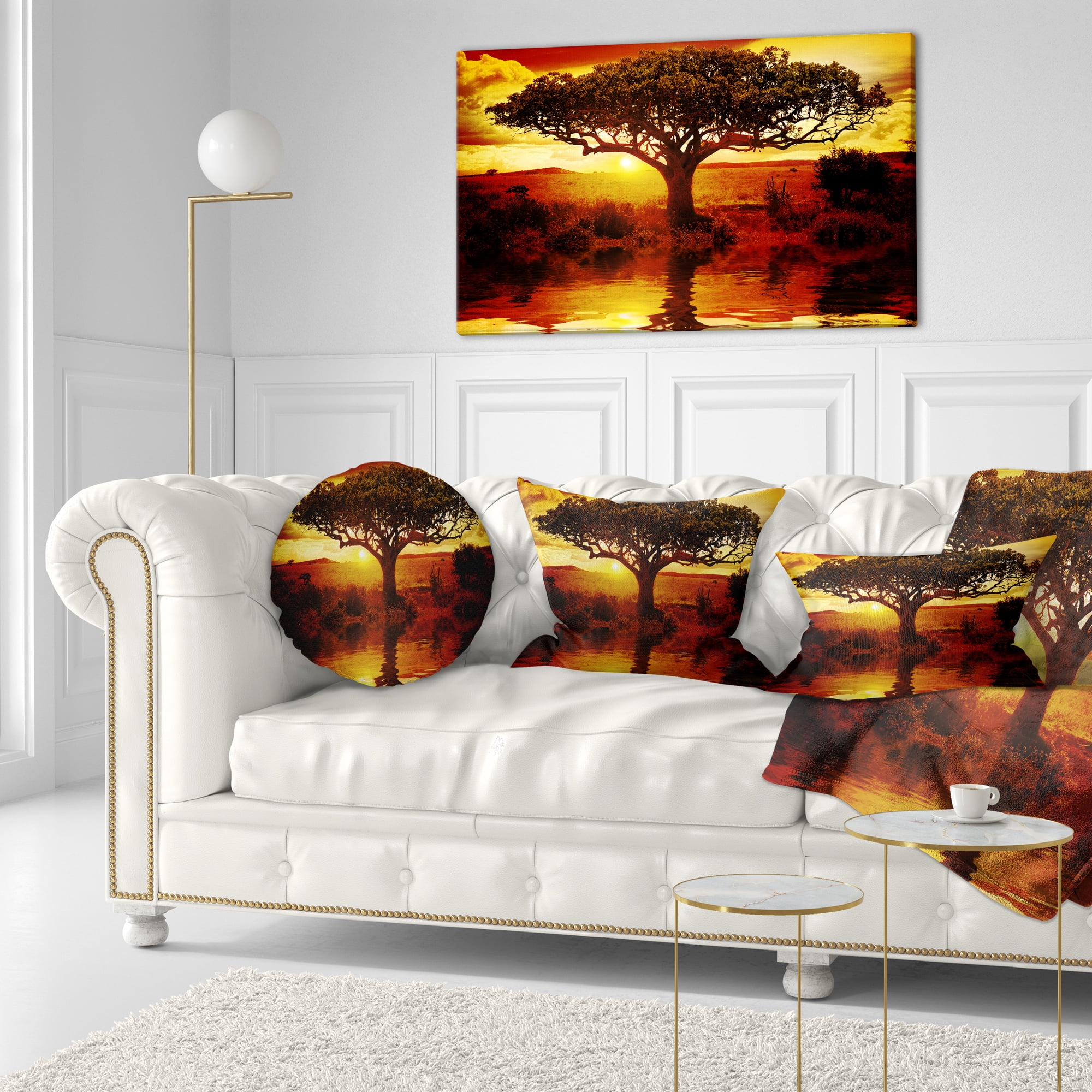 Designart Lonely Tree in African Sunset - African Landscape Printed Throw Pillow - 12x20