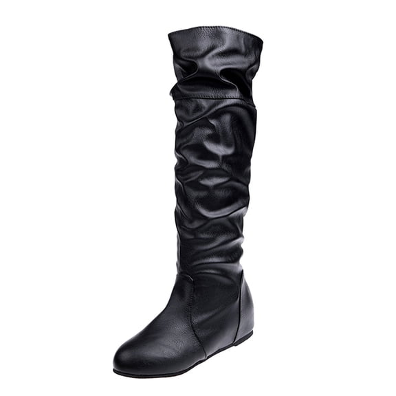 MLINS Women Thigh High Boots Solid Color PU Leather Boots Fashion Hidden Heel Shoes High Leg Boots (Black, Size 40)