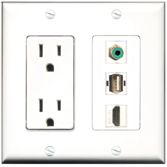 RiteAV - 15 Amp Power Outlet 1 Port HDMI 1 Port RCA Green 1 Port USB A-A Decorative Wall Plate