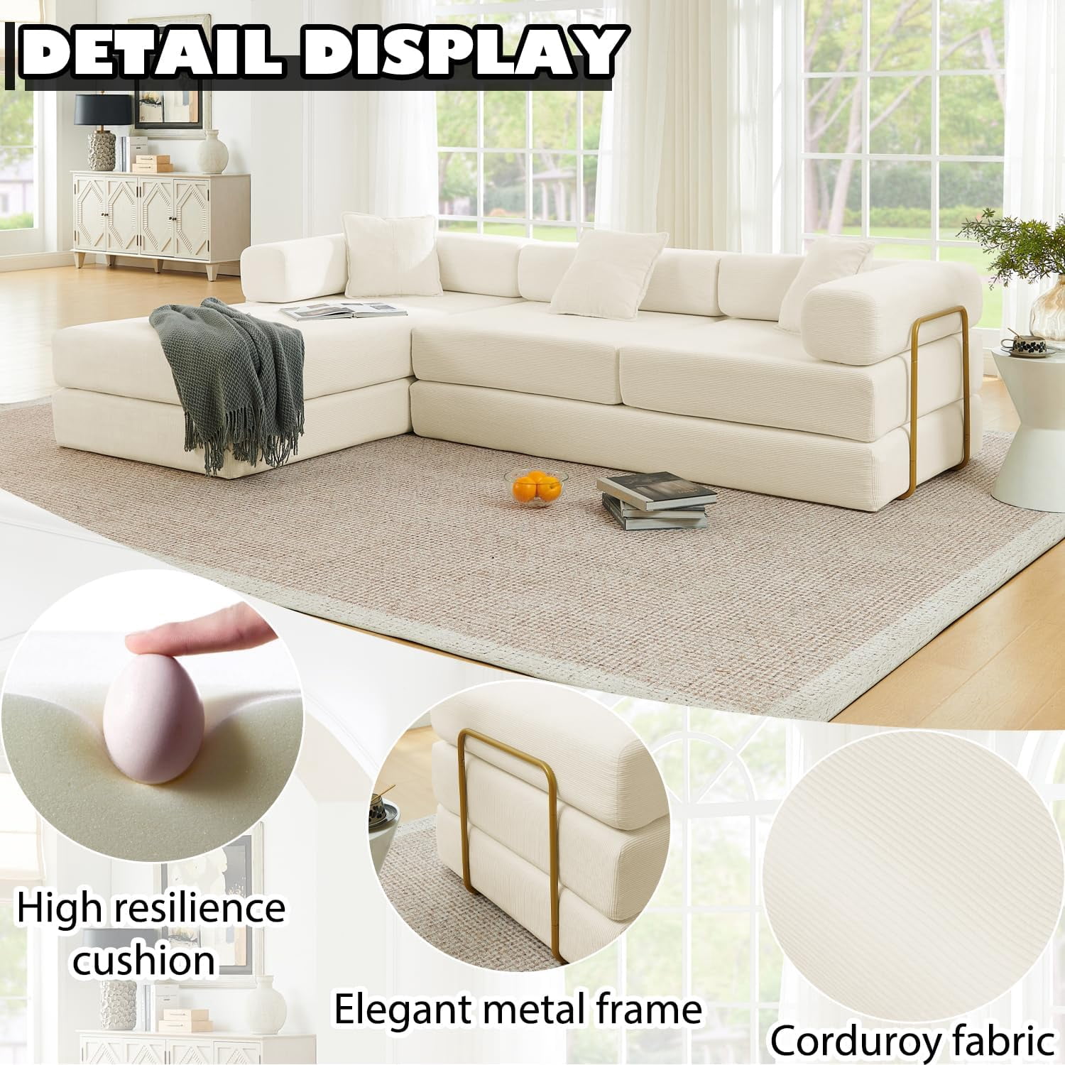 Ywen 108" Modular Sectional Sofa, Futon Convertible Sofa Bed,Oversized Corduroy Boneless Couch for Living Room,Floor Loveseat Sleeper with Pull Out Bed,Free Combination,No Assembly Required (Beige)