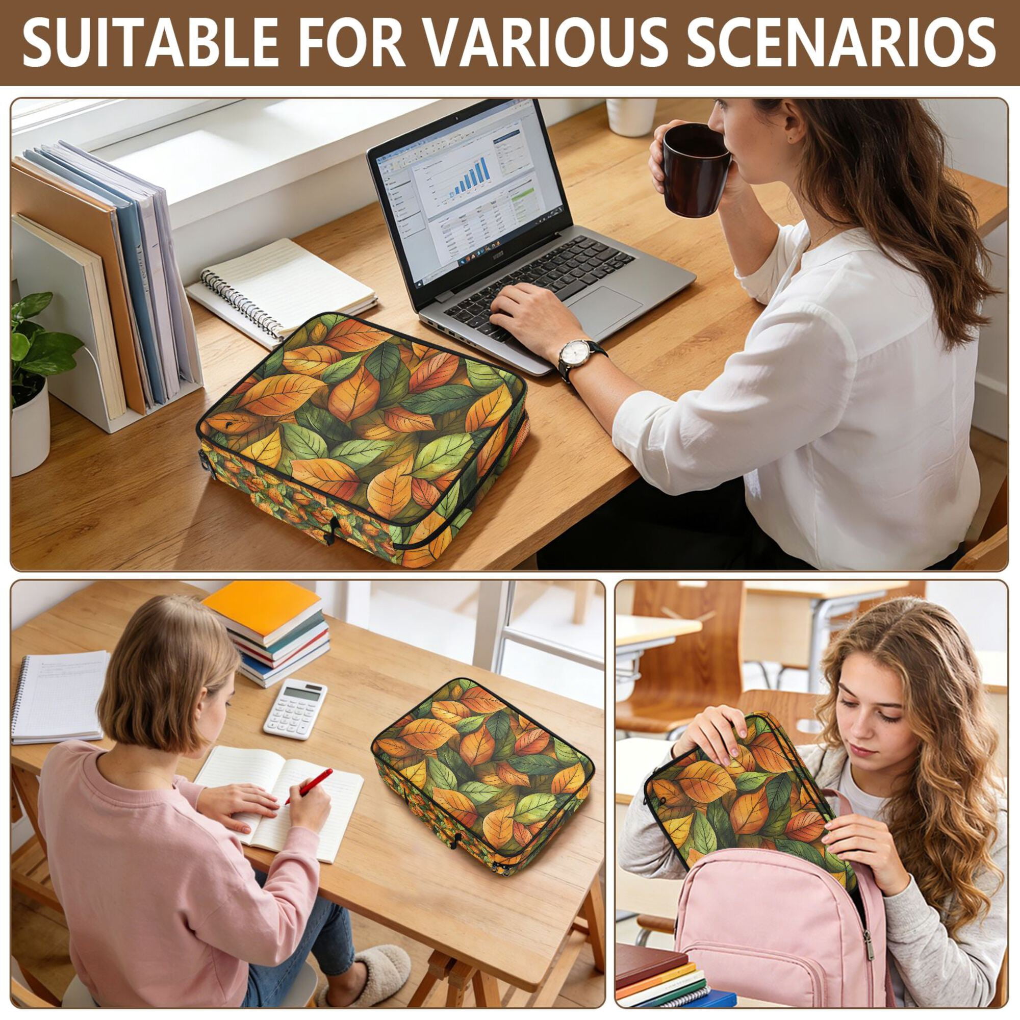 FORMRS Accordion File Folder A4 Size 7-Pocket Expanding Document Organizer Bag with 3 Ring Binder, Green Retro Leaves