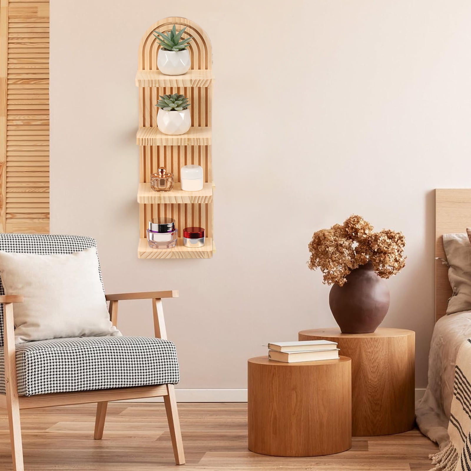 FKSZLL Boho Wall Shelf with Arched Wood Design Floating Shelf Mid-Century Rainbow Decor Wall Shelf for Home Bedroom Living Room Bathroom Office, 18.9 x 5.7 x 4.33 Inch, 4 Tier