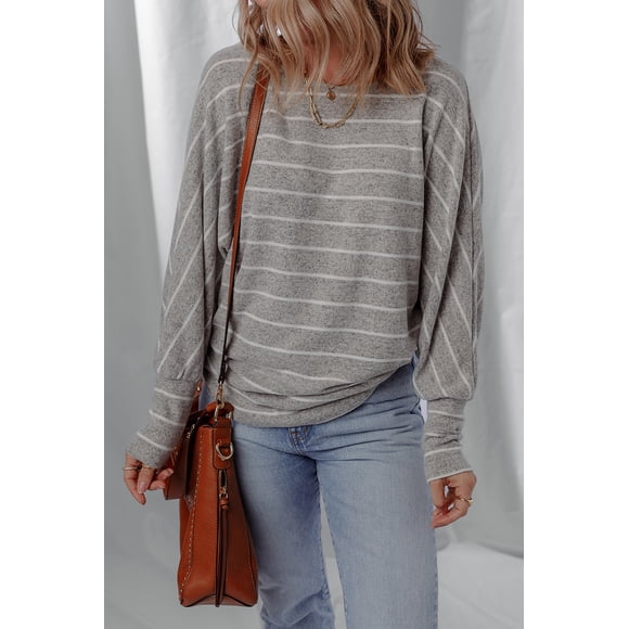 I AM A FASHION JUNKY Gray Stripe Dolman Sleeve Drop Shoulder Top (GrayStripe, M, 65%Polyester+35%Cotton)