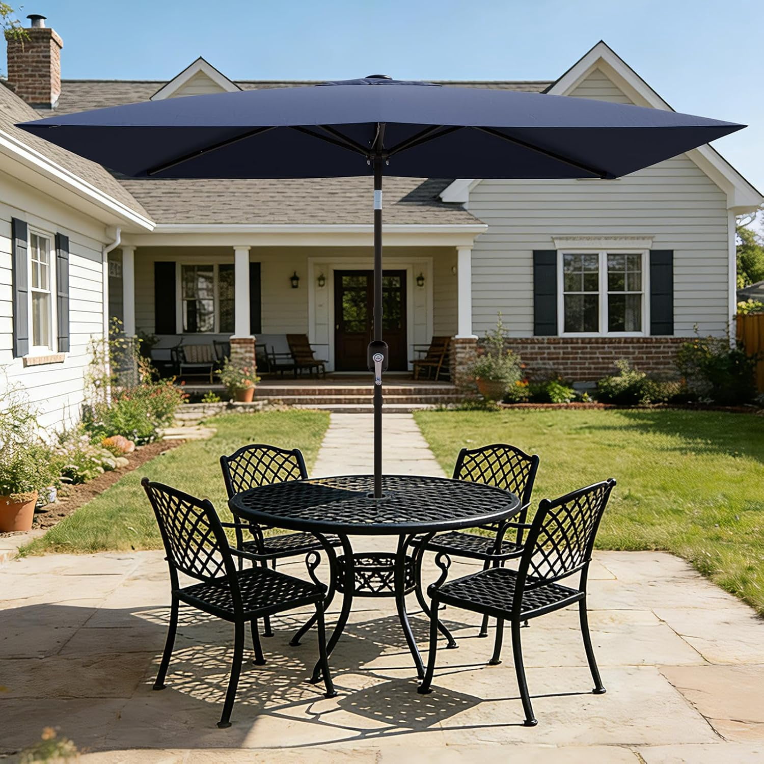 10' x 6.5' Rectangular Patio Umbrella, Outdoor Table Umbrella with Crank and Push Button Tilt, Market Umbrella Sun Umbrella with 6 Sturdy Ribs Tilt for Garden, Deck, Lawn, Pool -Navy Blue