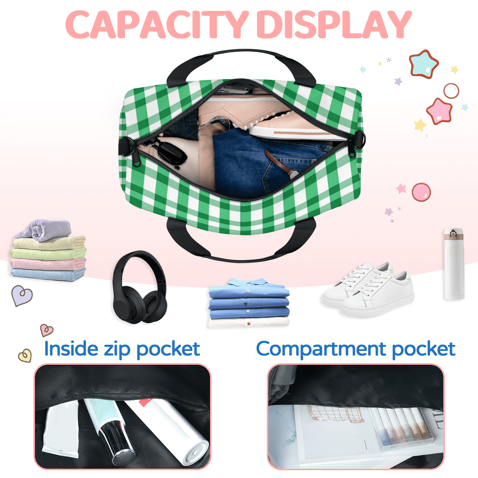 Herdesigns Green and White Checkered Gym Bag for Women, Duffle Bag for Travel Sport, Plaid Design Lightweight Waterproof Carry on Weekender Dance Yoga Workout Bags